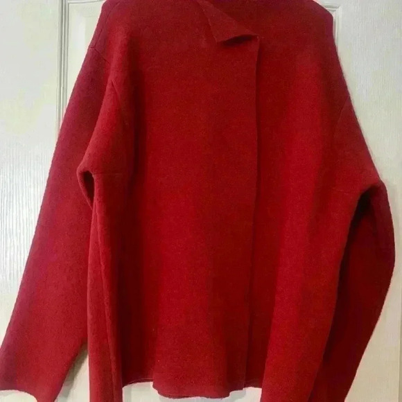 Eileen Fisher 100% Boiled Wool Women’s Jacket Red Sz S Cowl Cape Oversized - Picture 11 of 11